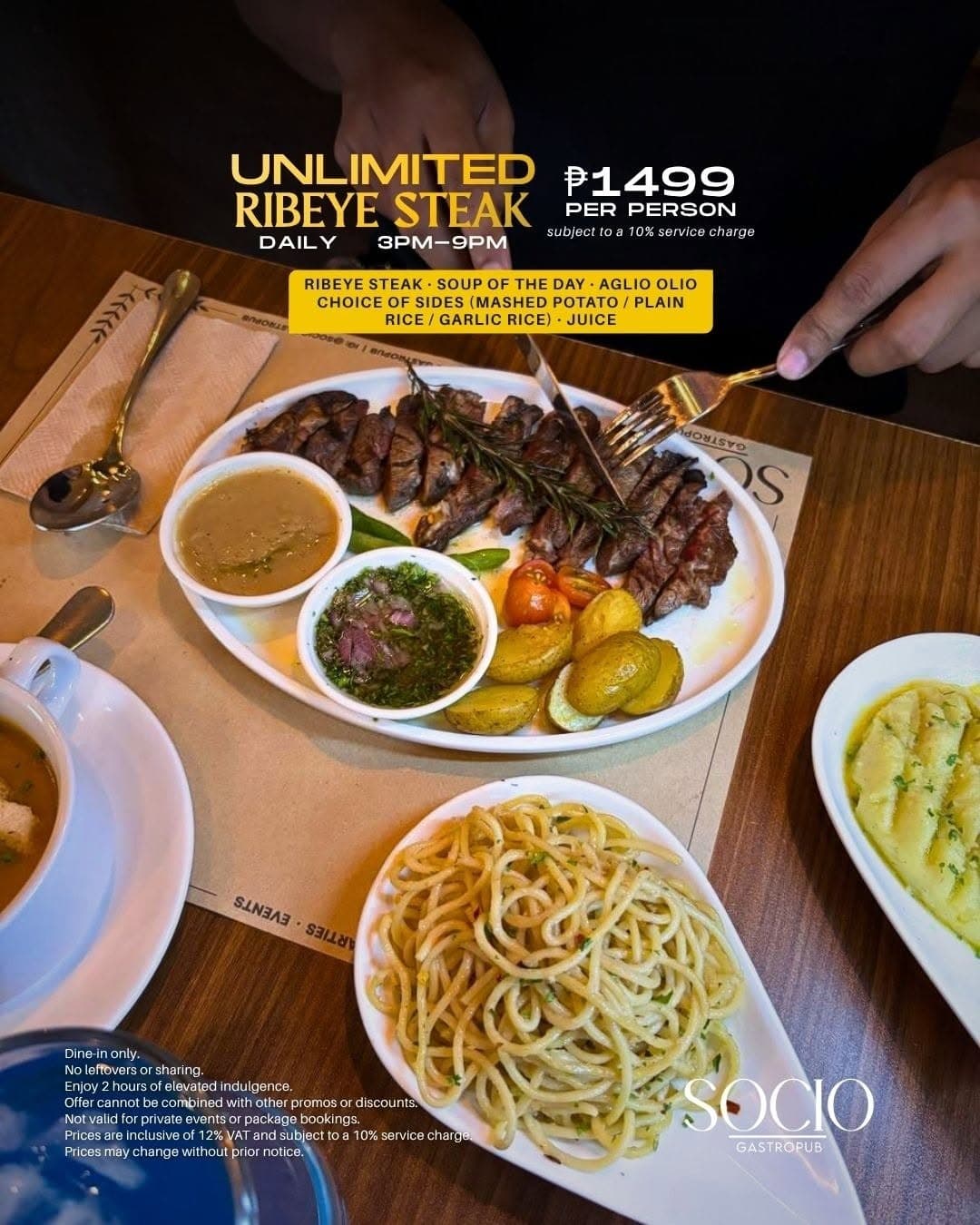 SOCIO Unlimited Ribeye Steak campaign artwork, ₱1499 per person